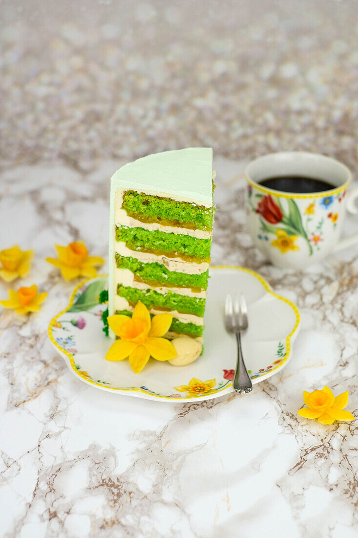 A slice of apricot and pistachio cake for Easter