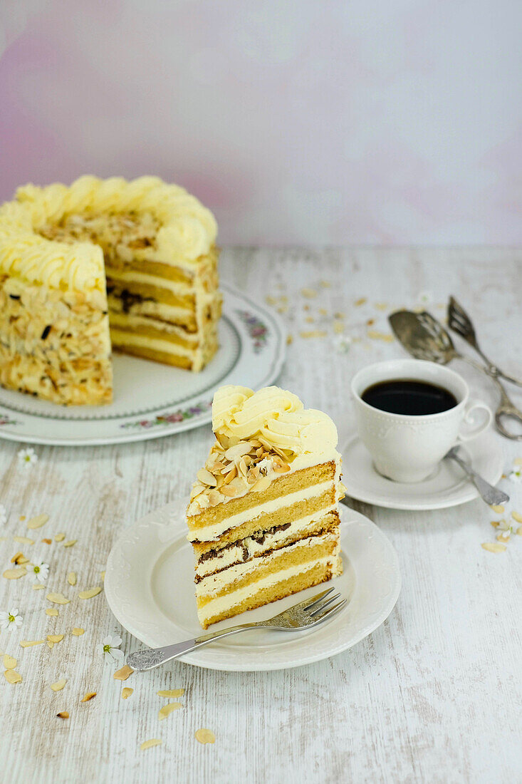 Almond buttercream cake, sliced