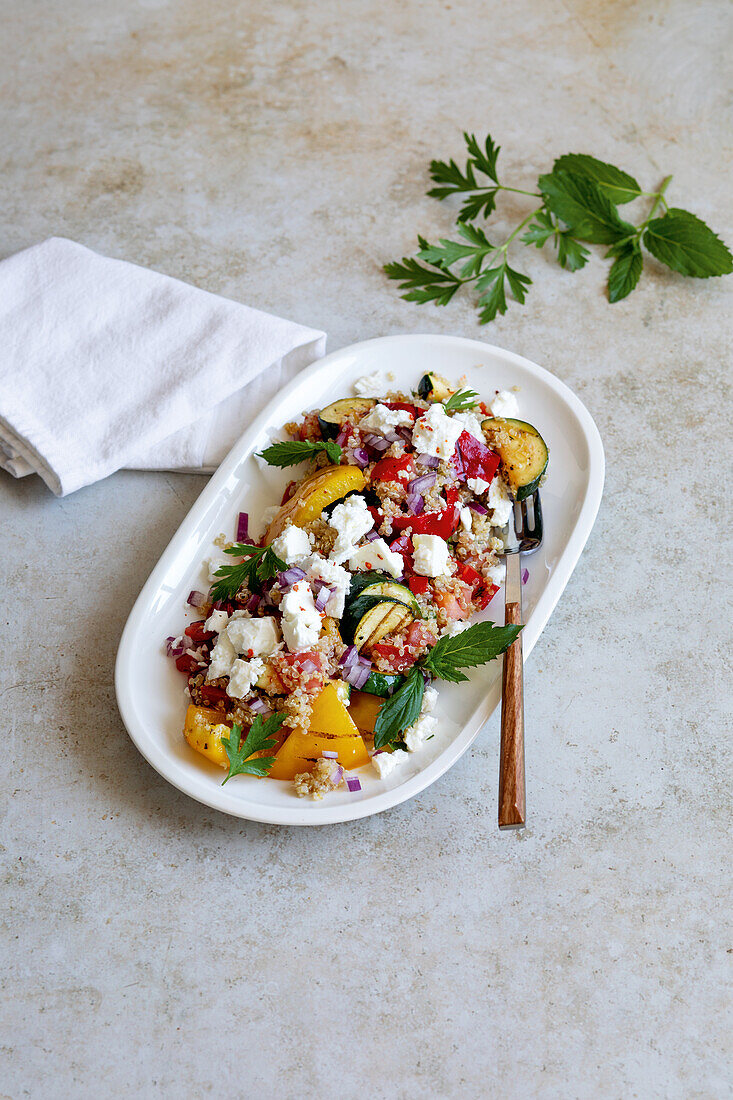 Tabouleh with grilled vegetables and feta cheese