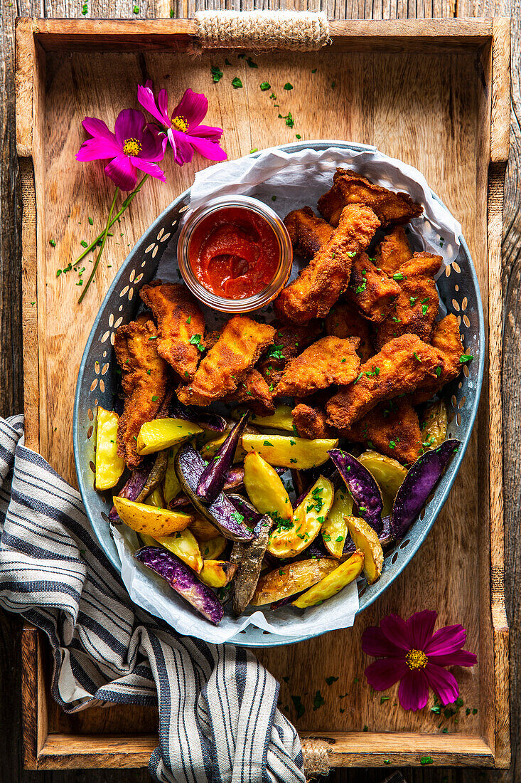 Chicken Nuggets mit bunten Ofenpommes und Curryketchup auf Holztablett