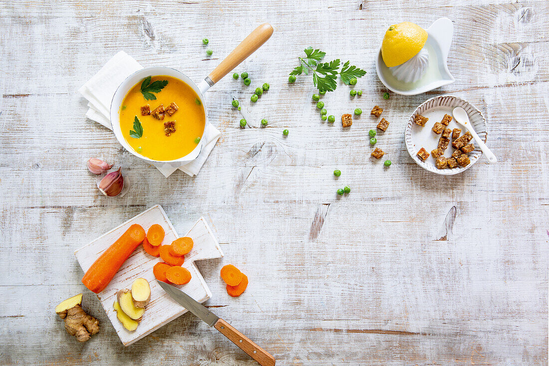 Carrot soup with ginger croutons