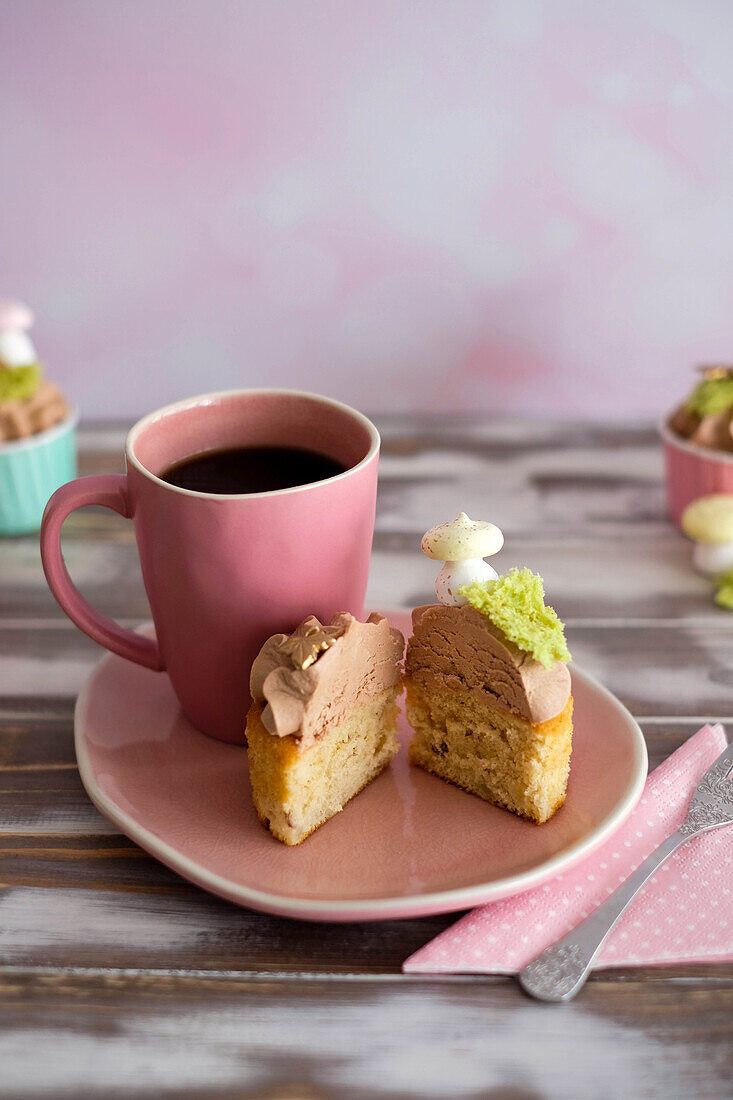 Autumnal nougat cupcakes decorated with meringue mushrooms