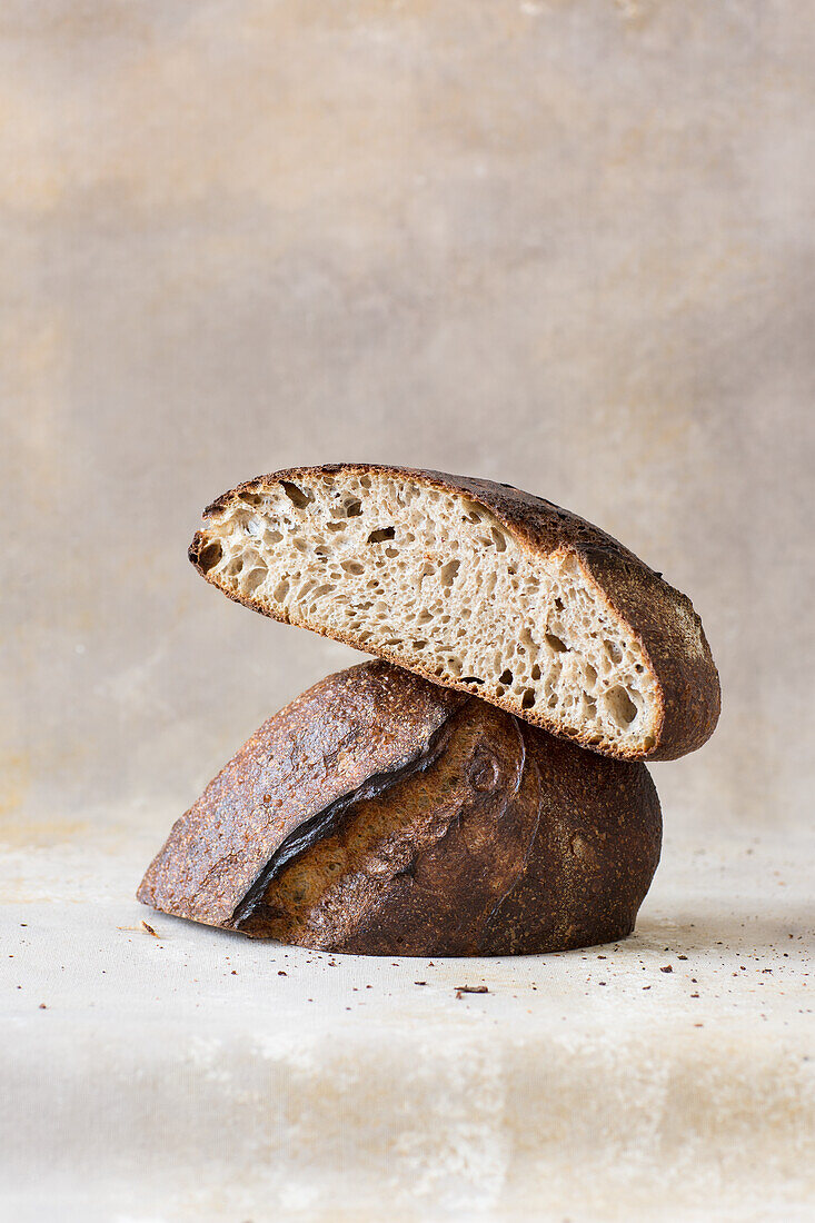 Wheat sourdough bread, cut in half