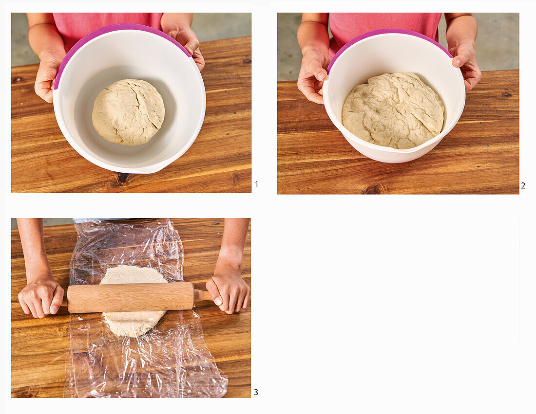 Resting dough until enlarged, then rolling it out between cling film