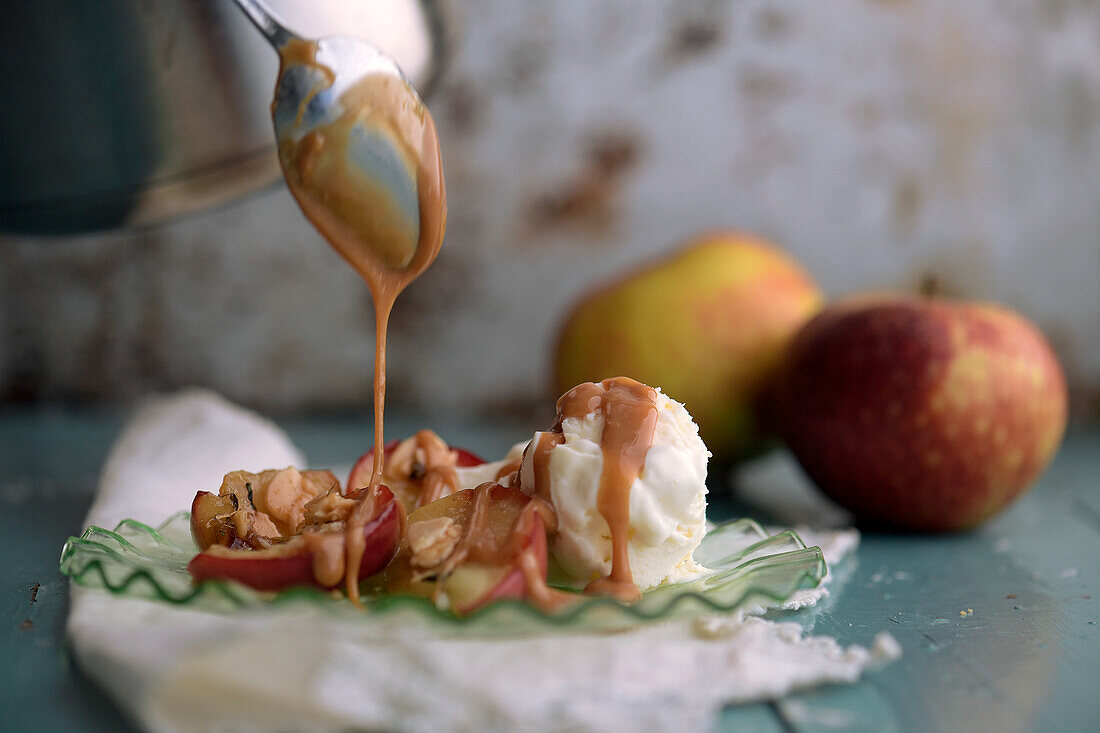 Thyme roasted apples with salted caramel sauce