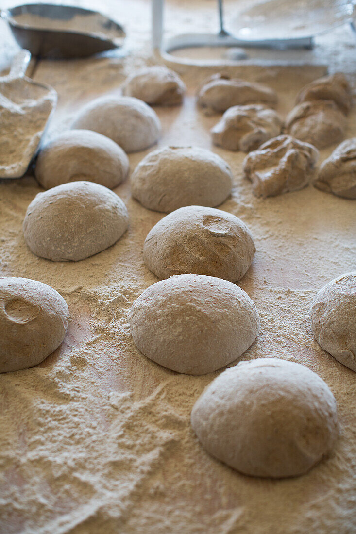 Unbaked breads in a bakery