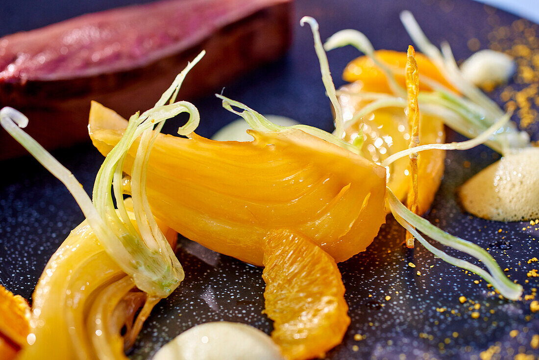 Roast duck breast with oranges (close-up)