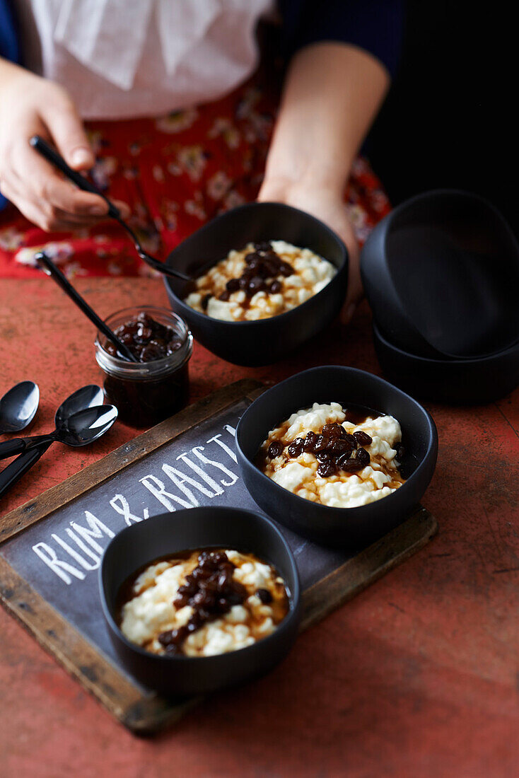 Chilled rice pudding with rum raisin syrup