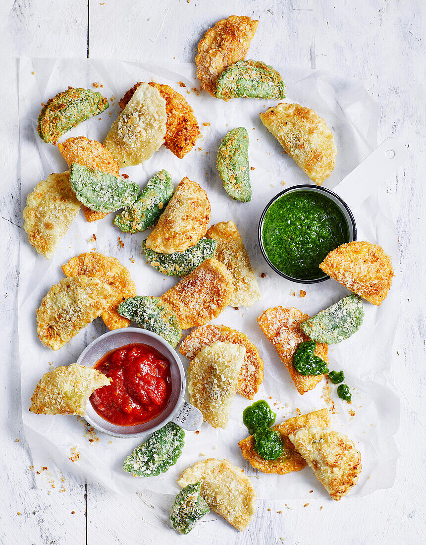 Crumbed agnolotti with two sauces