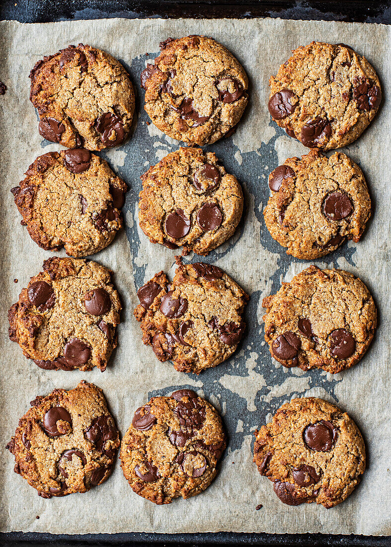 Schokoladen-Cookies mit Roggenmehl und Schokosplittern auf Backblech