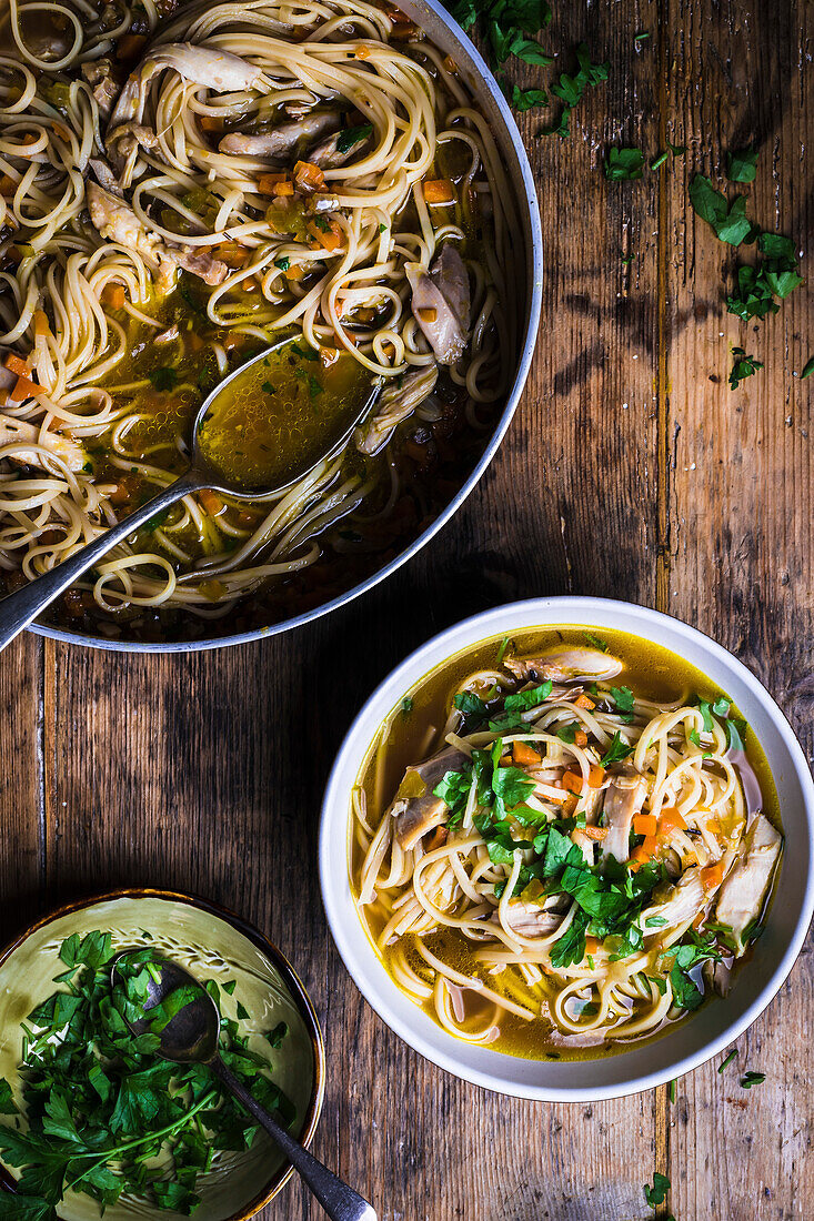 Chicken noodle soup in a bowl