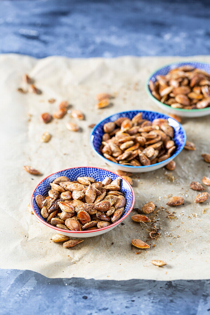 Roasted Pumpkin Seeds in a blue bowl