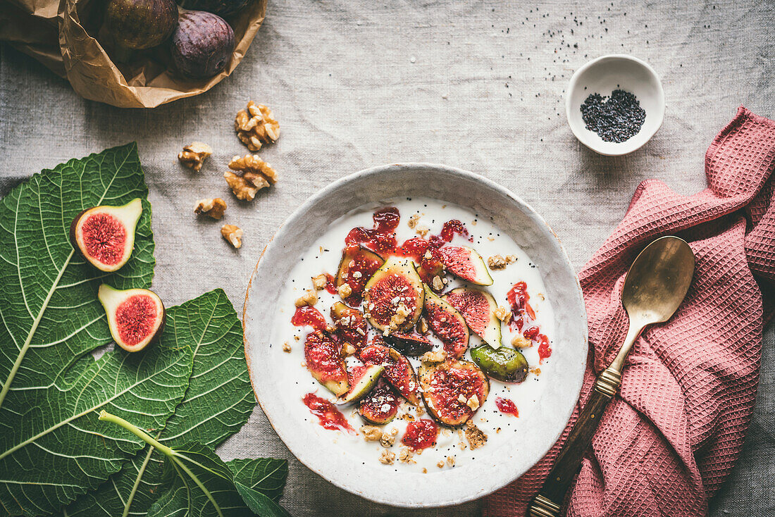 Roasted figs over yogurt in a healthy breakfast bowl