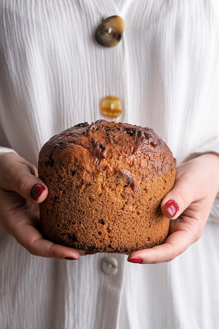Hand holding a small panettone