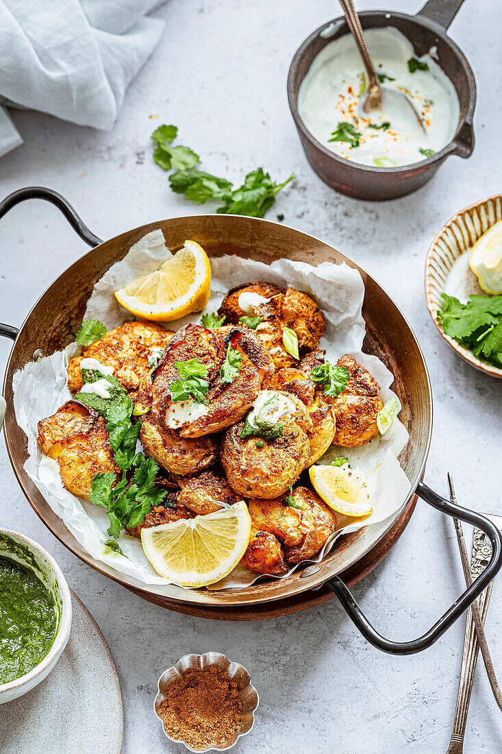 A serving platter with curried indian mashed potatoes, garnished with coriander leaves and lemon