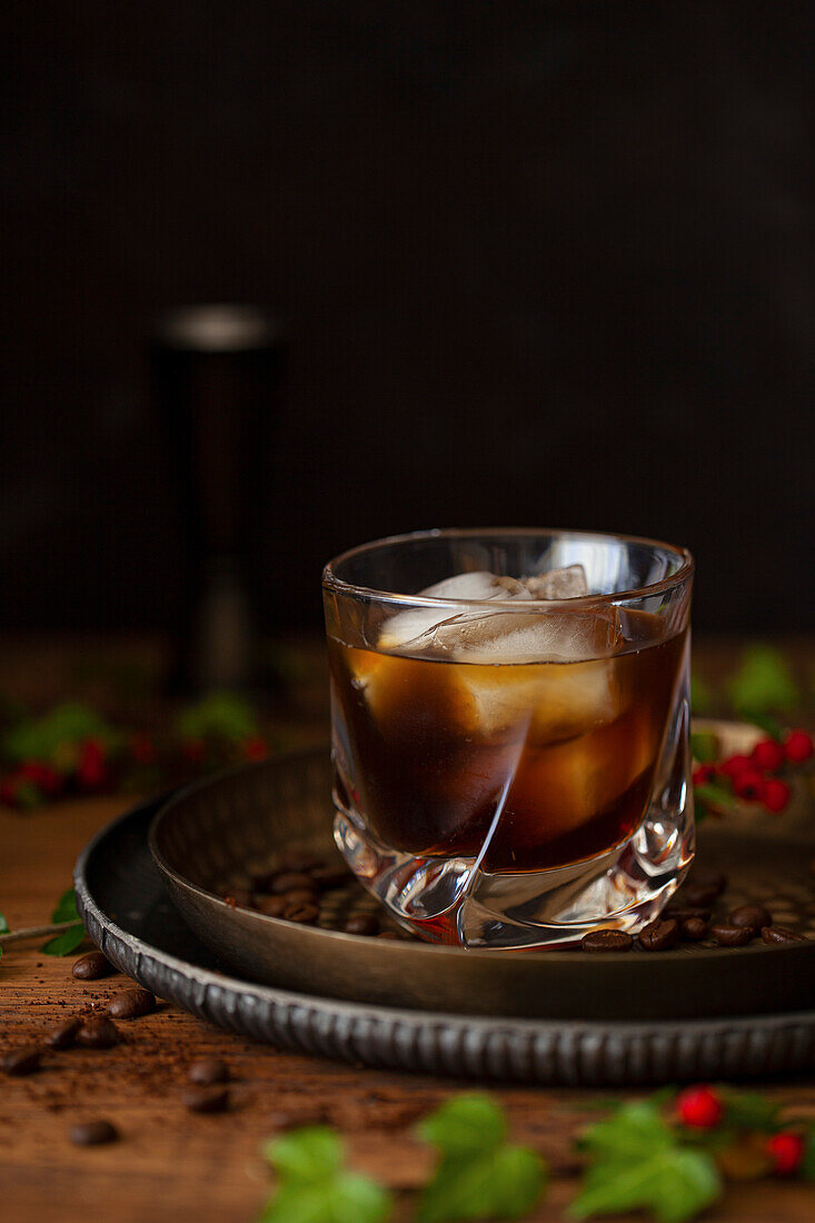 A classic Black Russian cocktail made with vodka and coffee liqueur