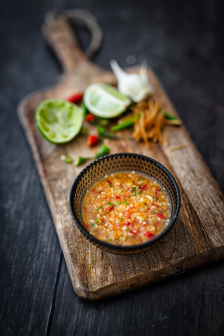 Meeresfrüchtedip mit Korianderwurzel, Palmzucker, Knoblauch, Limette und Chili (Thailand)