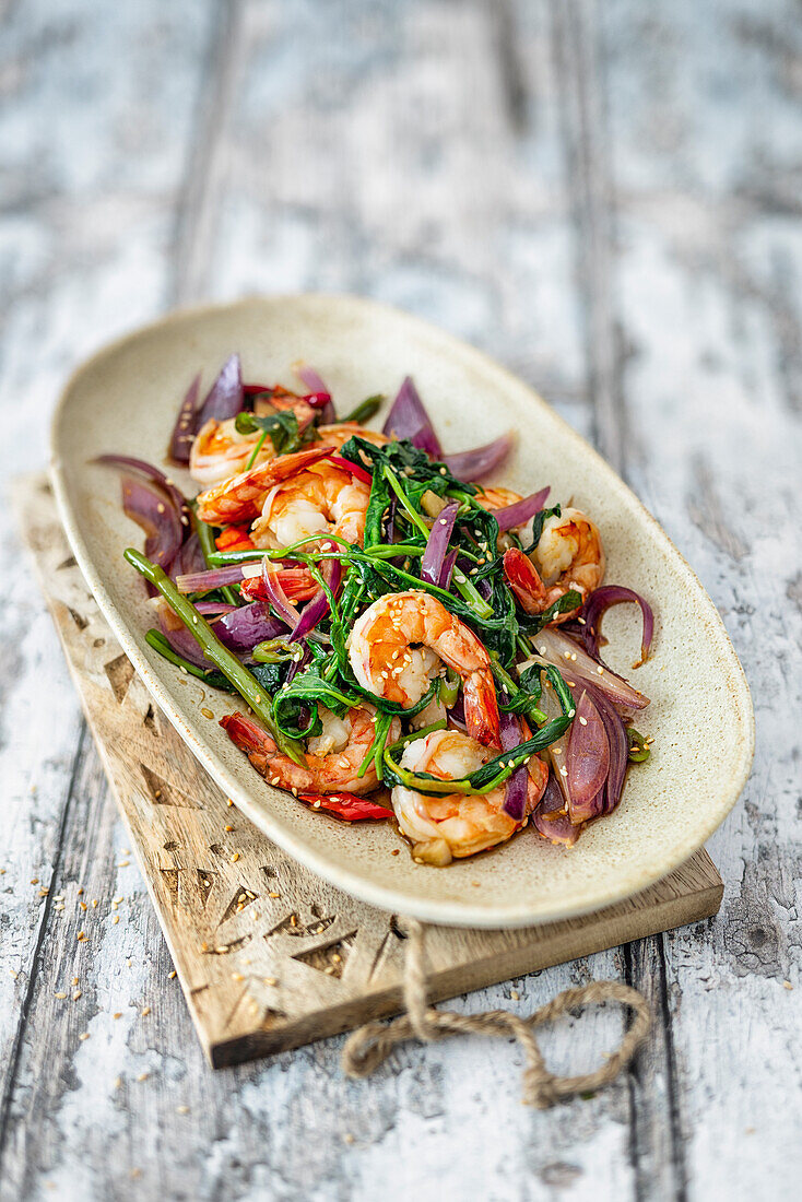 Water spinach with prawns, chili, and oyster sauce