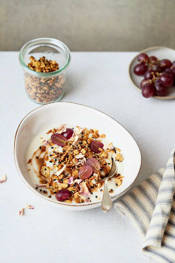 Fruit and yoghurt with sesame oat crumble and tahini date syrup
