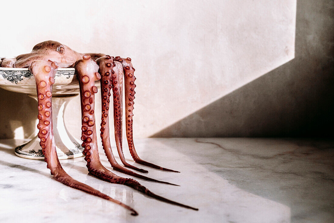 An octopus in an old and decorated footed dish, the tentacles falling outside on a marble table