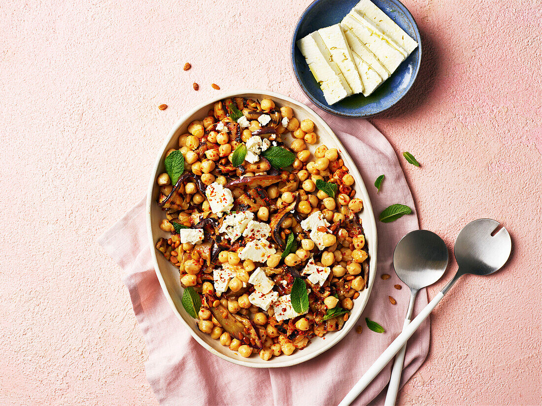 Chickpea salad with grilled eggplant and feta cheese