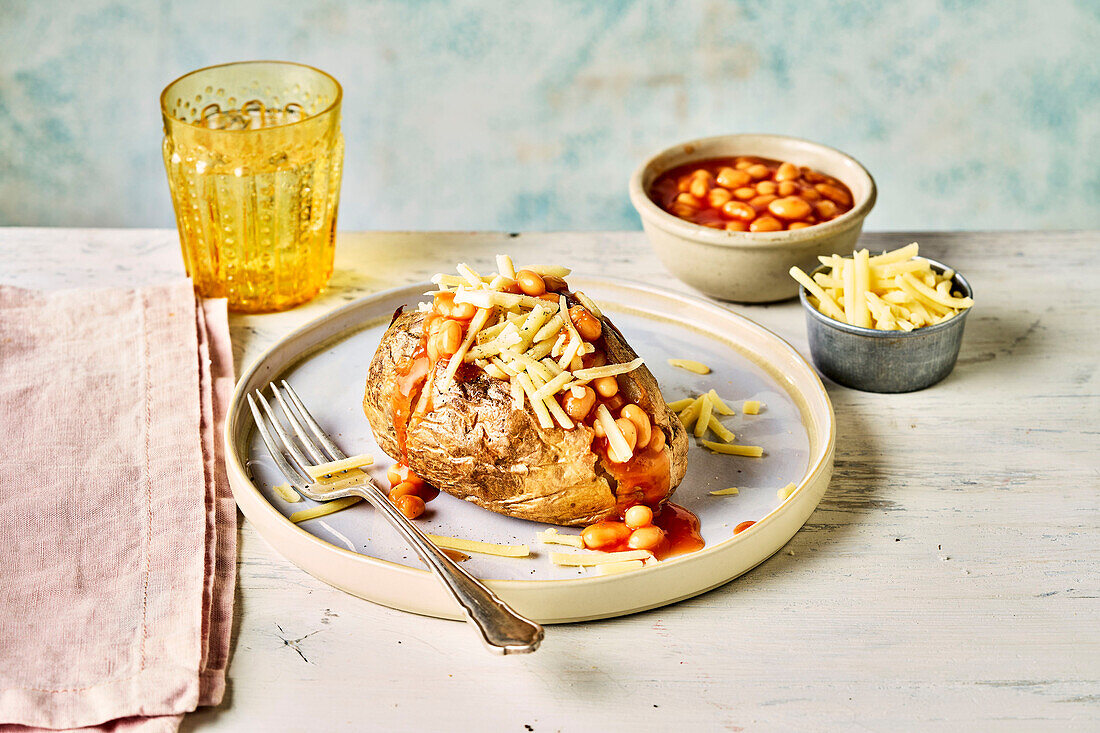 Baked potato served with beans and cheese