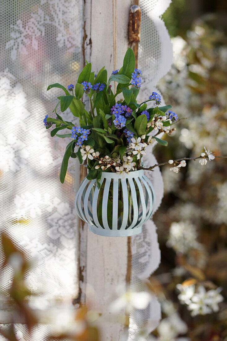 Bouquet with forget-me-nots and blackthorn hanging in a hanging basket (Myosotis)