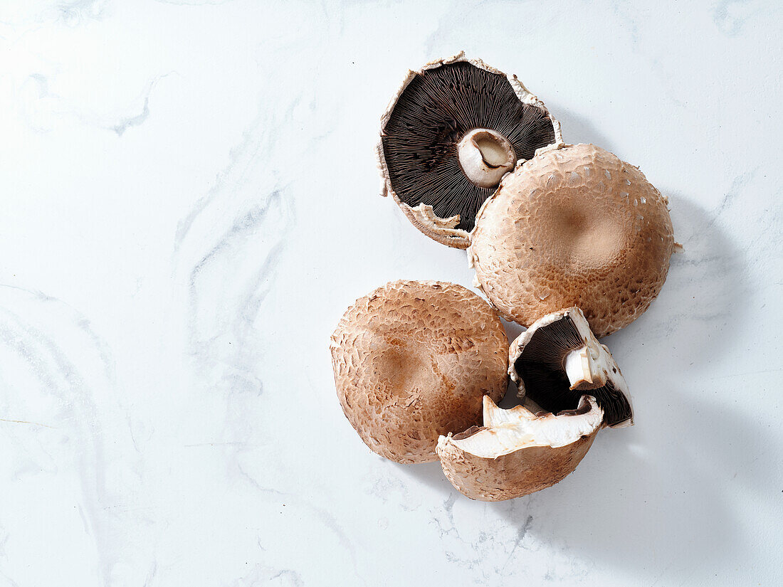 Top view with portobello mushrooms on marble tabletop