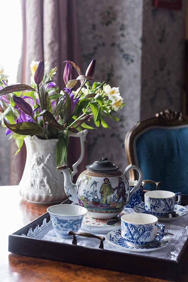 Bouquet of flowers and Victorian tea tray