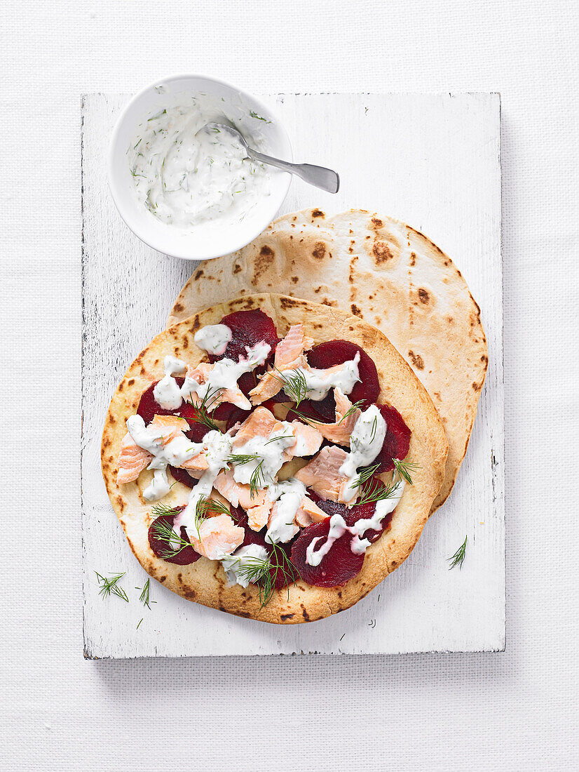 Flatbread with smoked trout, beets, and horseradish