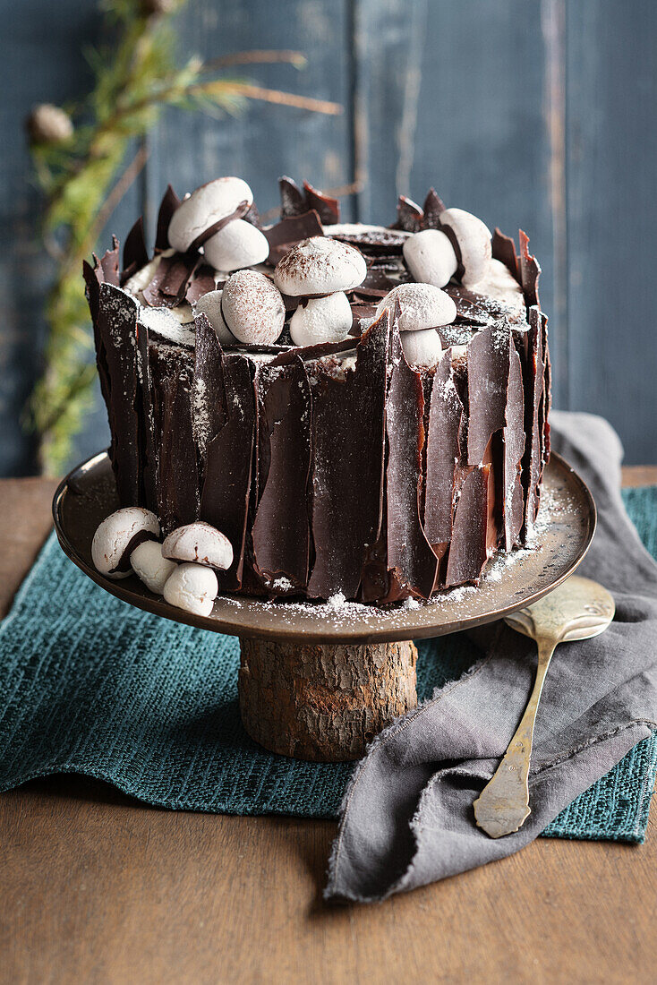 Torte verziert mit Schokoladenrinde und Baiser-Pilzen