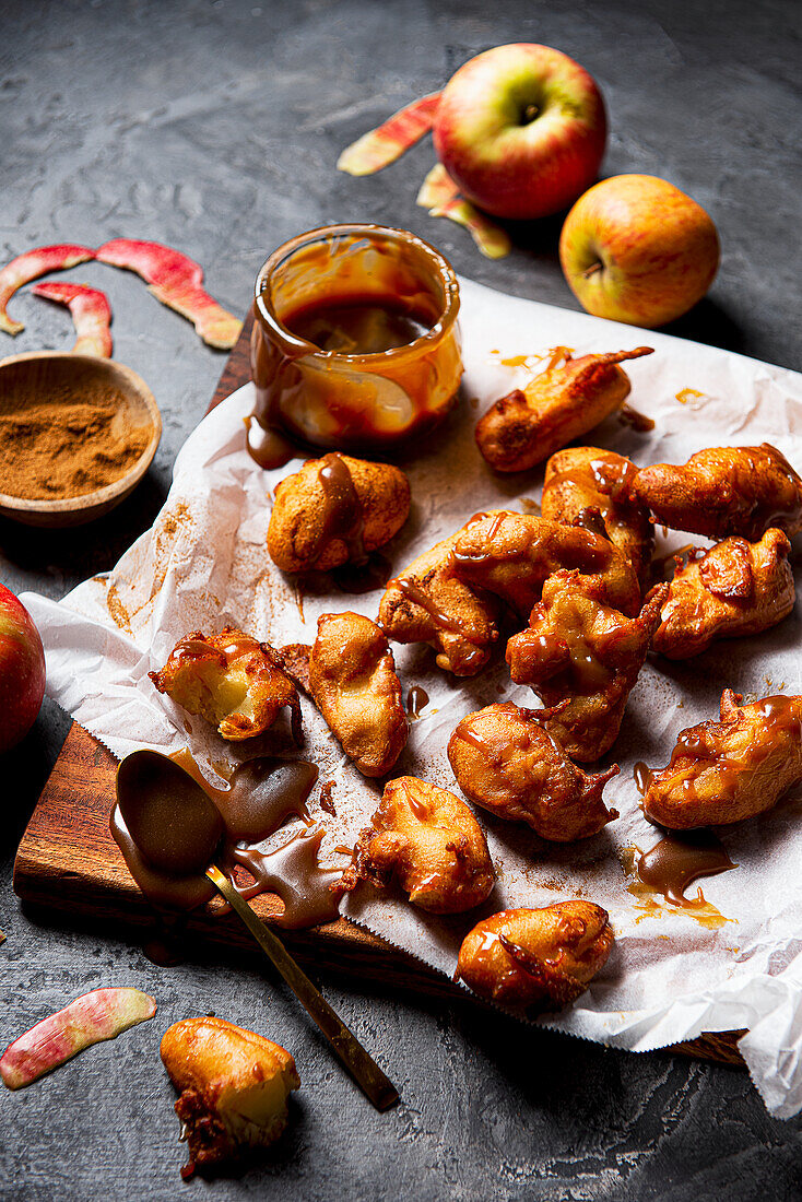 Apple fritters with toffee sauce