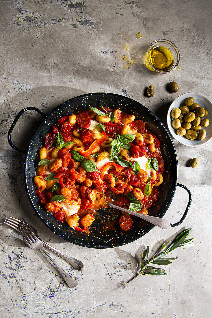 Gnocchi in Tomaten-Basilikum-Sauce mit Chorizo, Mozzarella und Basilikum