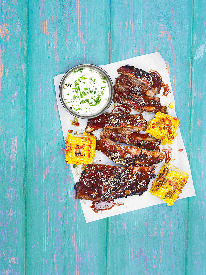 BBQ ribs with corn and cream dip