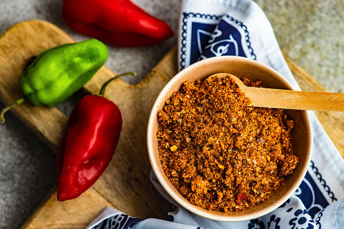 Ingredients for Adschika (Georgian seasoning sauce) in a ceramic bowl