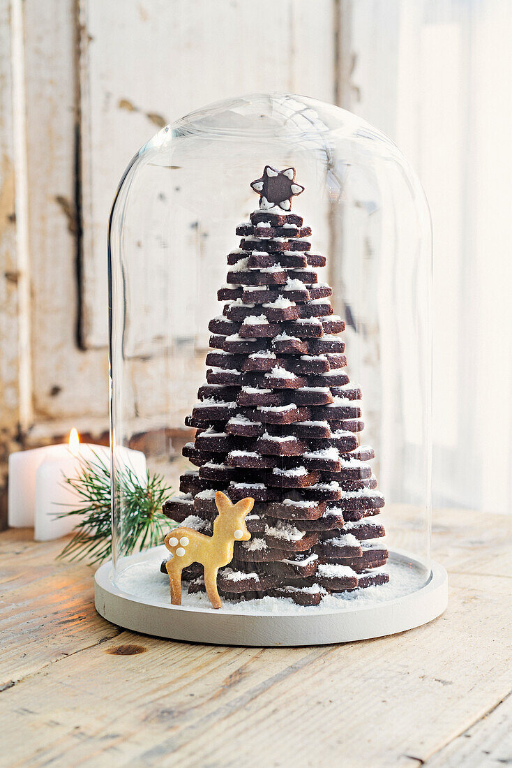 Biscotti di Natale (Italienisches Weihnachtsgebäck) in Tannenbaumform unter Glashaube