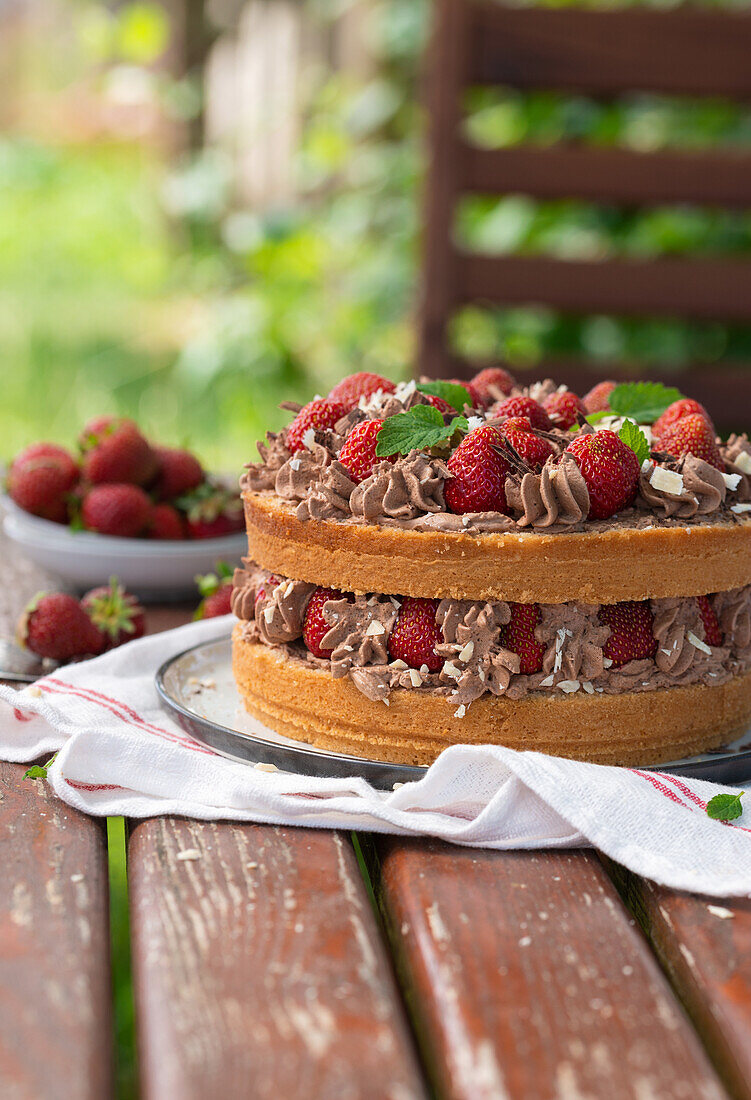 Vegane Biskuittorte mit Schokoladencreme und Erdbeeren