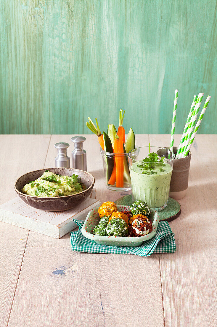 Parsley hummus, cheese balls, and a cucumber-and-parsley smoothie