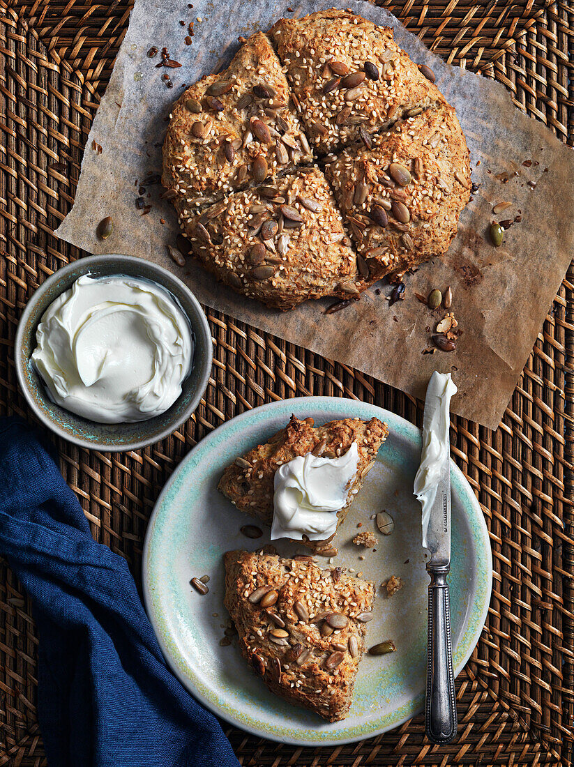 Scones with sunflower seeds, pumpkin seeds, and cream cheese