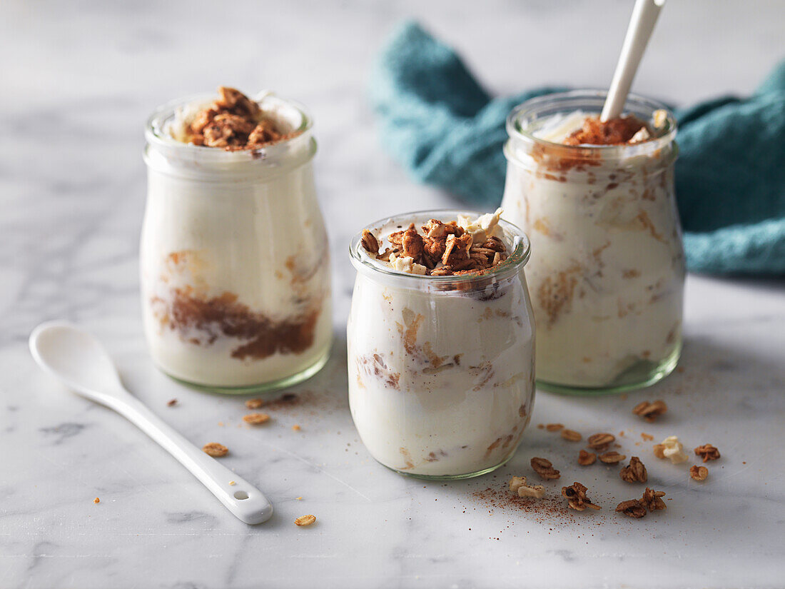 Trifle with granola in glasses