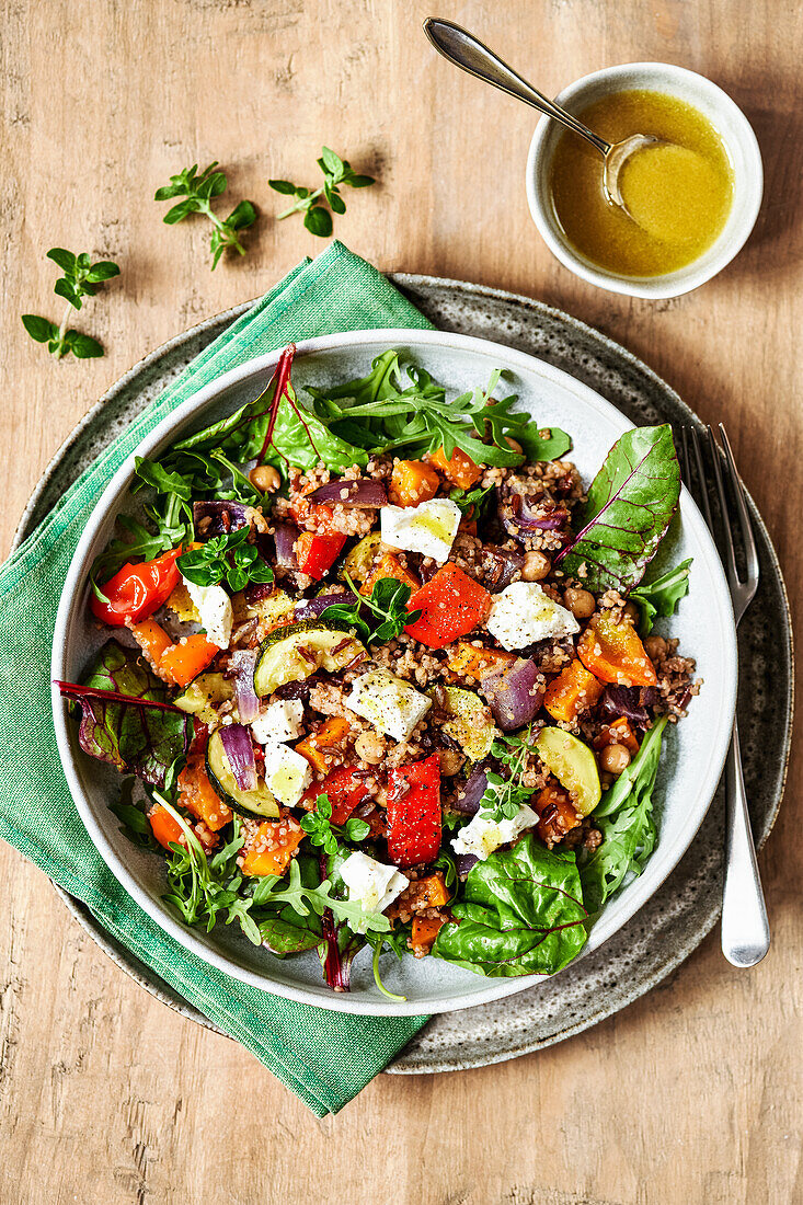 Roasted vegetables with three kinds of grains and feta