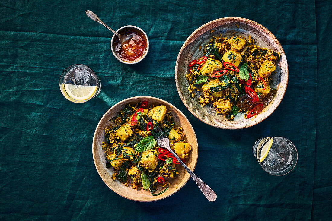 Spicy spinach and potato pilaf with turmeric
