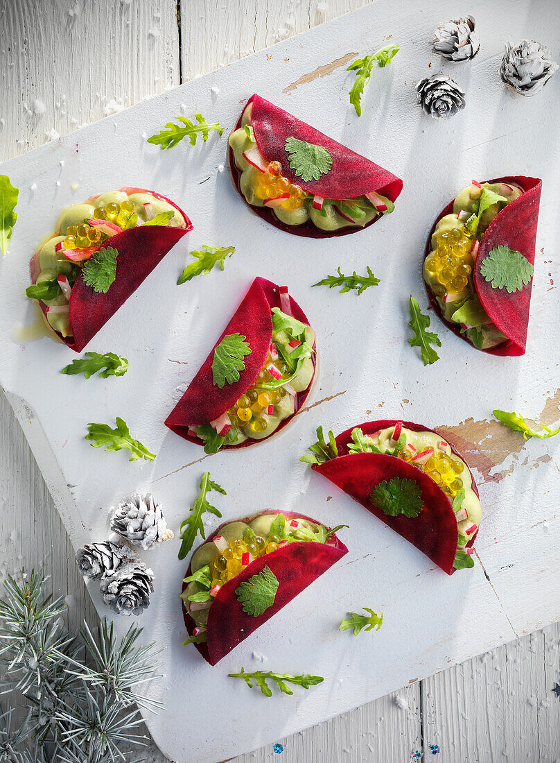 Beetroot tacos with guacamole for Christmas