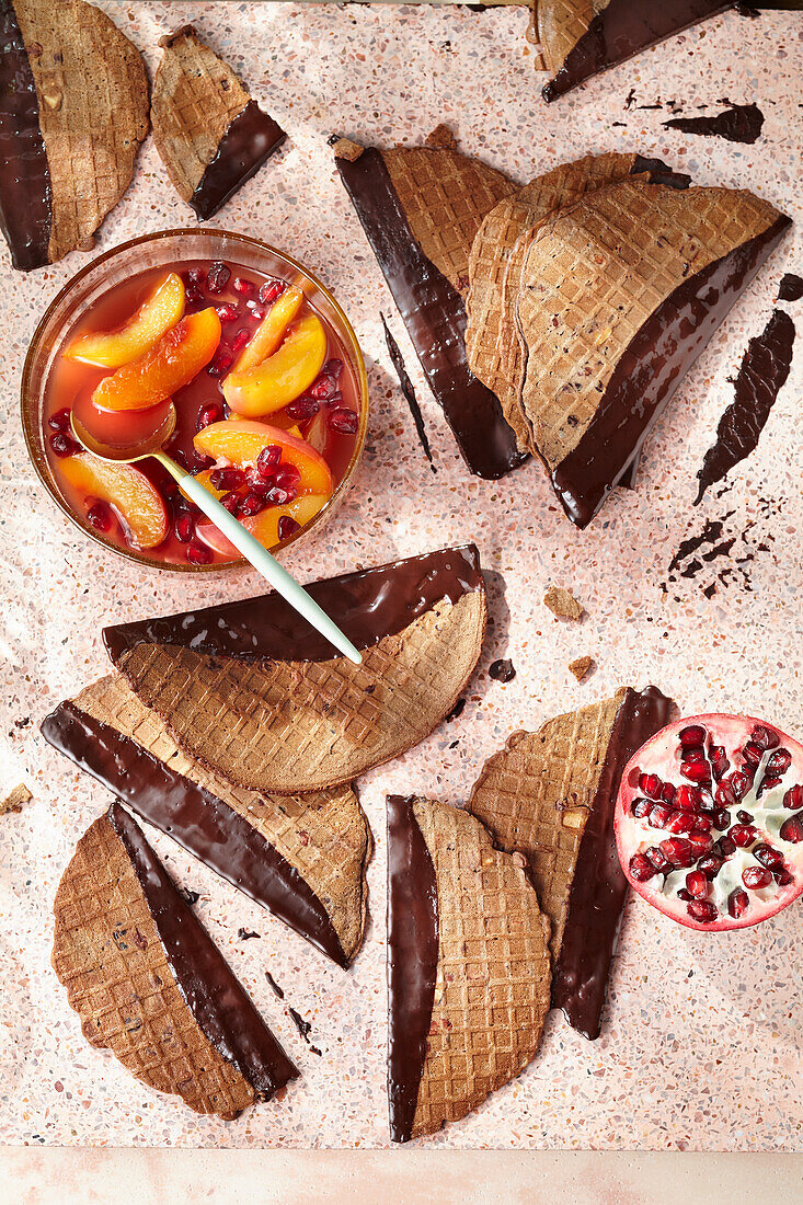 Chocolate coconut wafers with syrupy nectarines