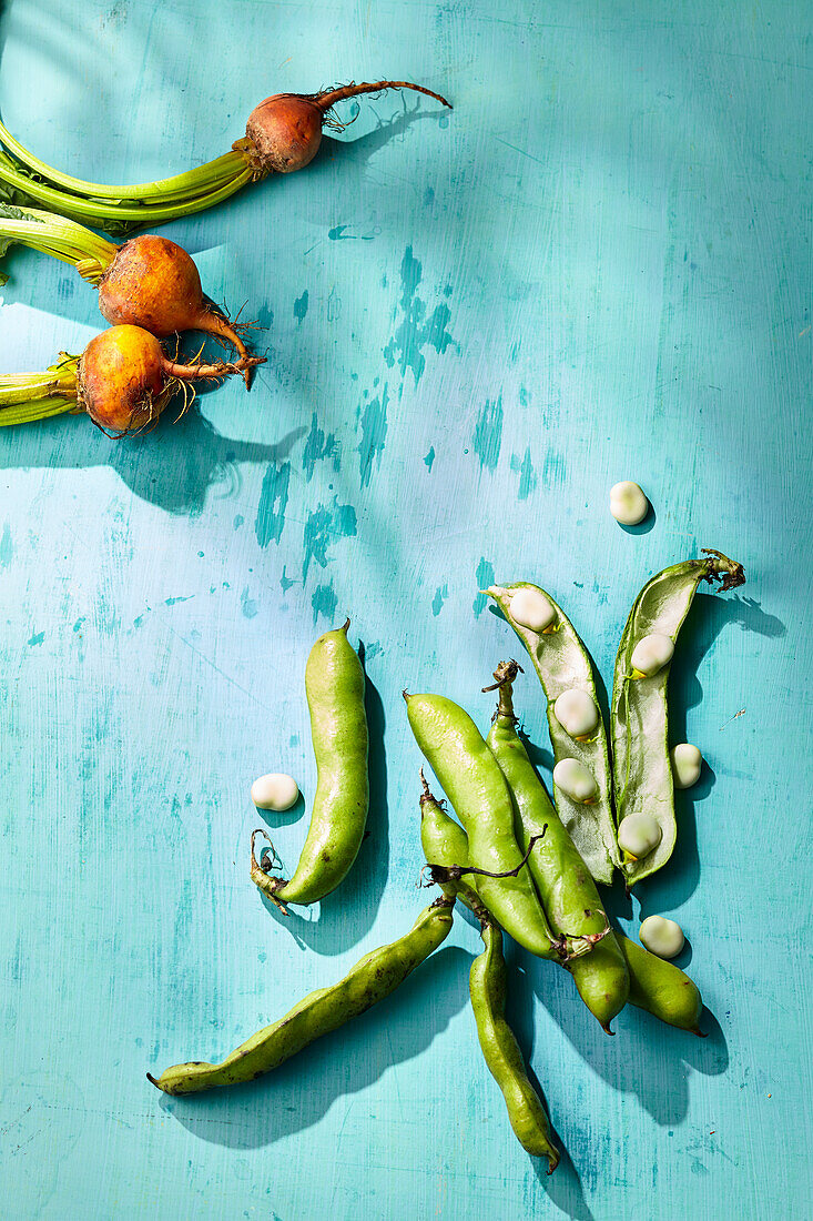 Yellow beets and broad beans on a blue surface