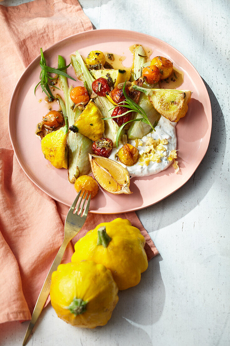 Fried summer vegetables with tomato confit and lemon yoghurt