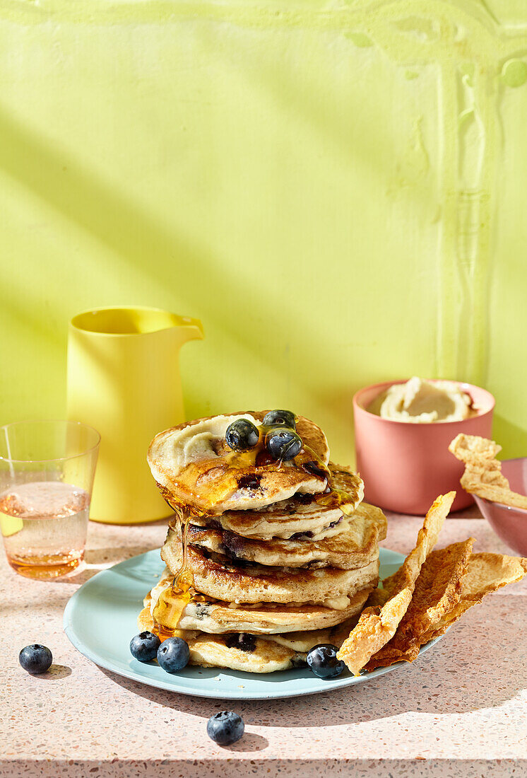 Blueberry spelt pancakes with soya bacon and cashew nut butter