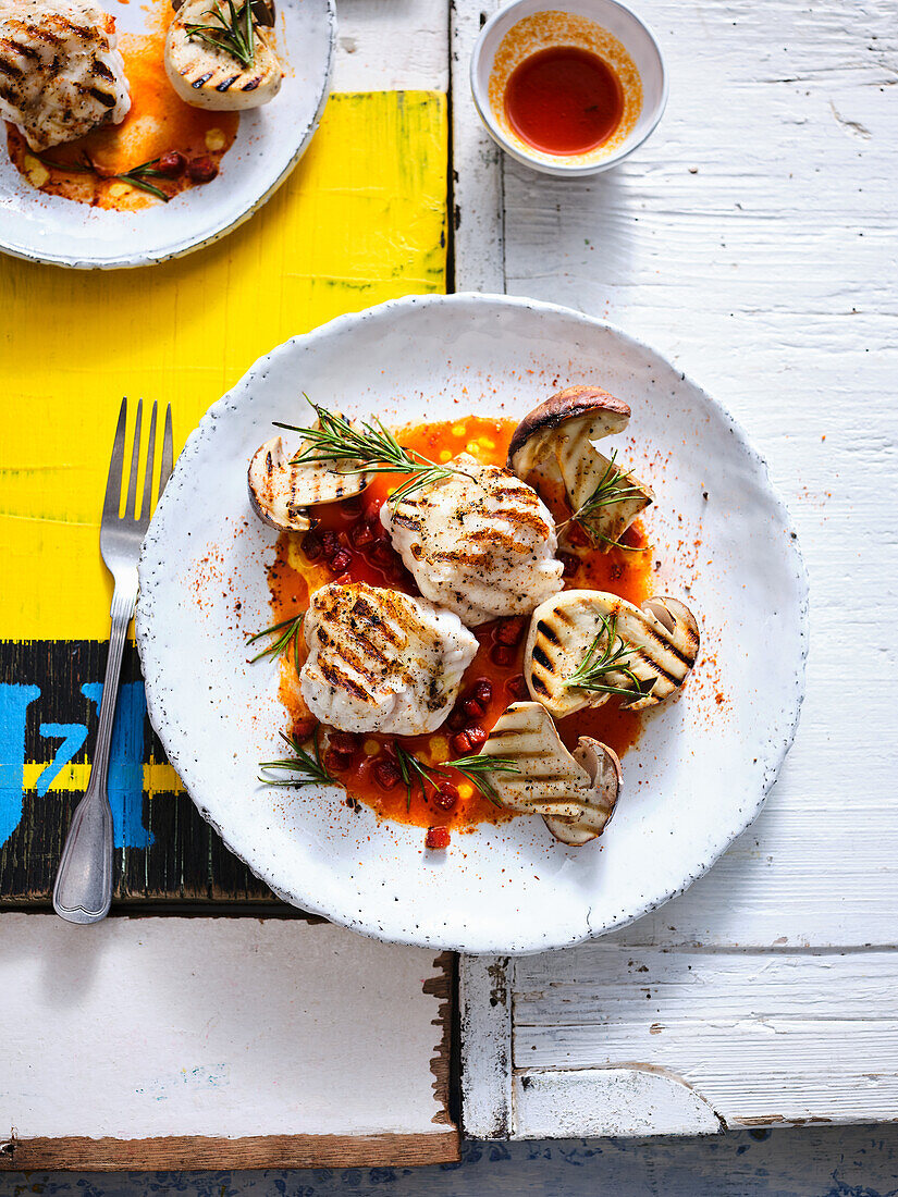 Gegrillter Seeteufel mit Chorizo-Sud unnd Steinpilzen