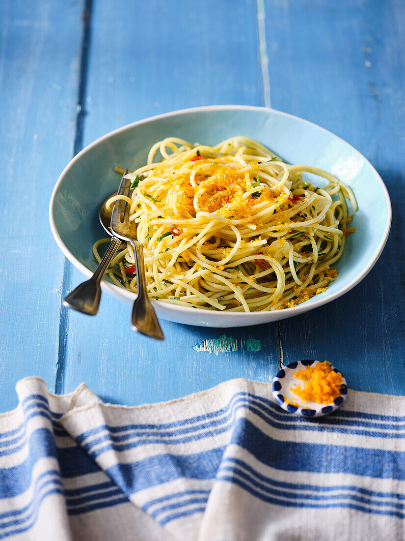 Spaghetti with garlic, chili, and bottarga