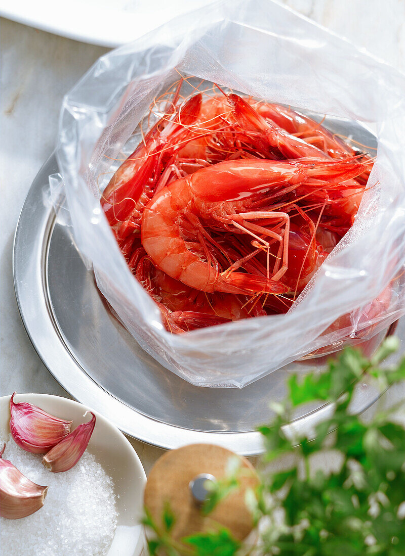 Fresh red prawns in a plastic bag